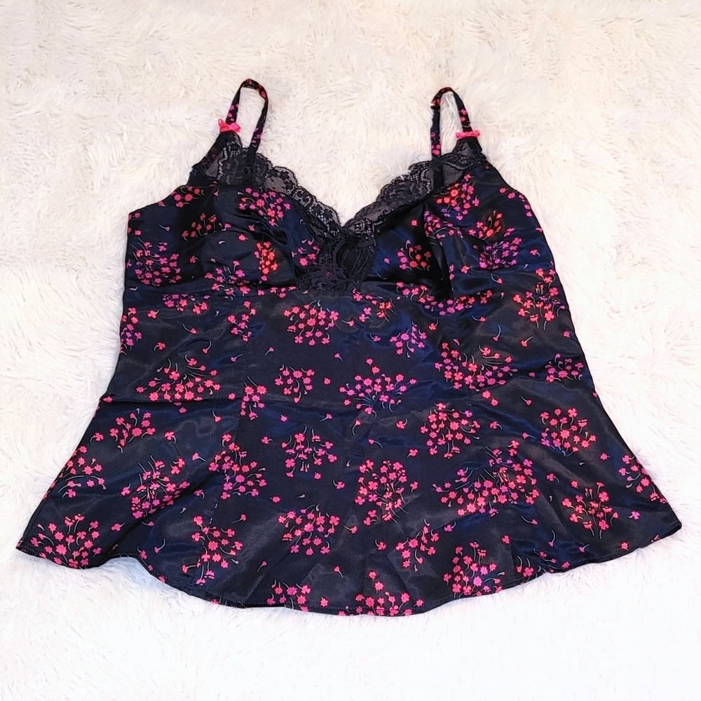 Silky Coquette Peplum Cami, Medium, Navy Blue with Pink Flowers and Navy…